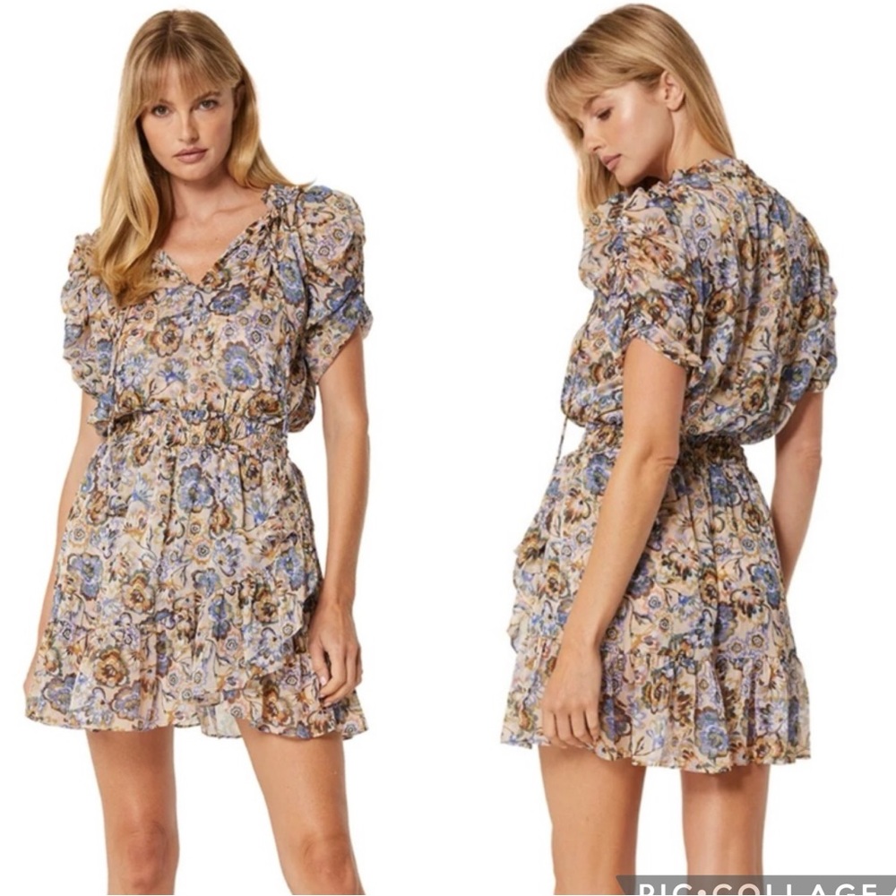 Misa Los Angeles Floral Mini Dress - Blue and Beige